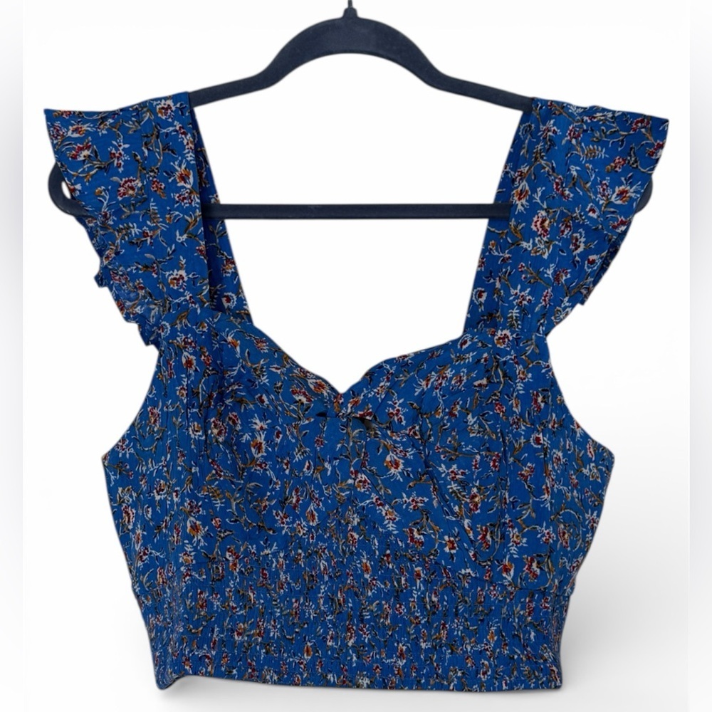 Band of the Free Blue Floral Smocked Back Ruffle Sleeve Tank Top Large
